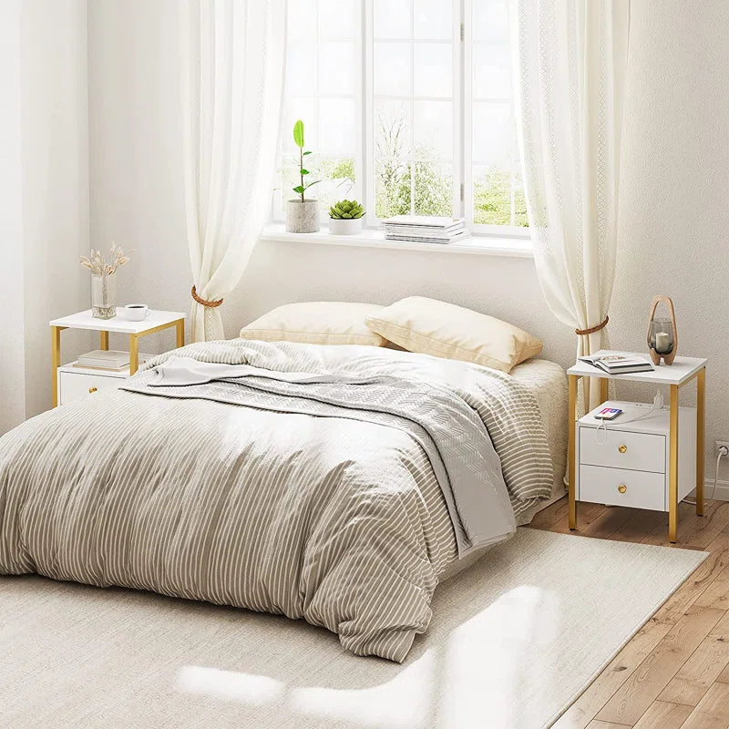 Pake 2 - Drawer 23.6" Tall Iron Nightstand with Storage and Built-In Outlets
