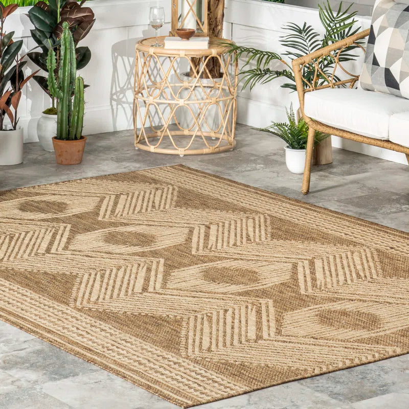 Geometric Indoor/Outdoor Rug for Living Room Patio Deck Front Porch Entryway Hallway Kitchen, Light Brown/Ivory