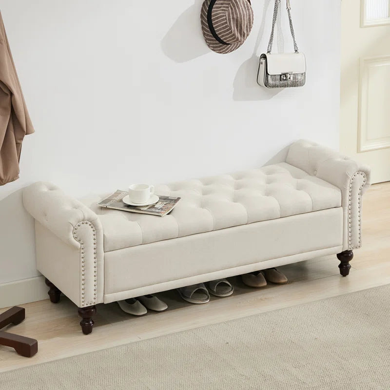 Velvet/Linen Upholstered Storage Bench with Segmented Storage Compartments