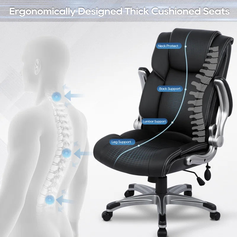 Alira Mid-Back Ergonomic Office Chair - PU Leather Executive Chair with Adjustable Lumbar Support, Flip-Up Armrests & Height Adjustment, Rolling Swivel Chair for Home Office