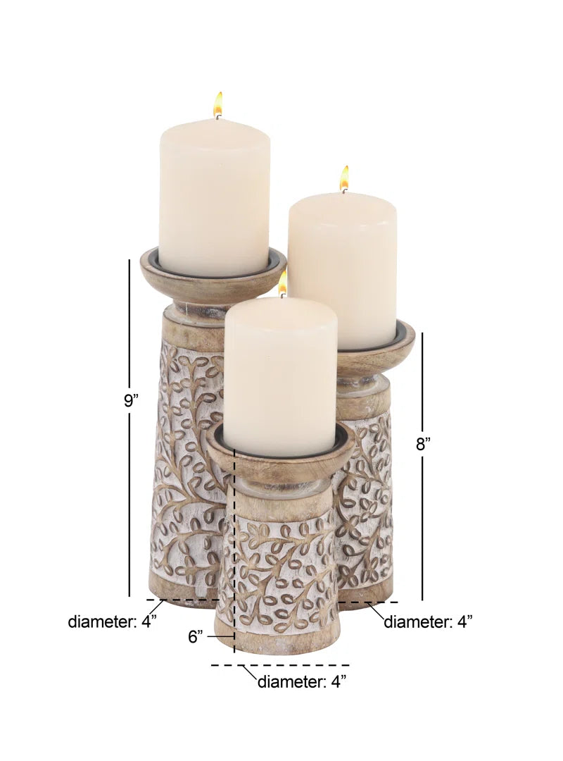 Mango Wood Handmade Minimalistic Bell Shaped Pillar Decorative Brown Candle Holder Set