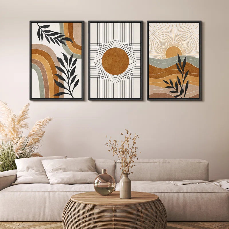 Mid Century Modern Boho Brown Abstract Sun Tropical Plant - Framed 3 Piece Set Canvas Print Picture