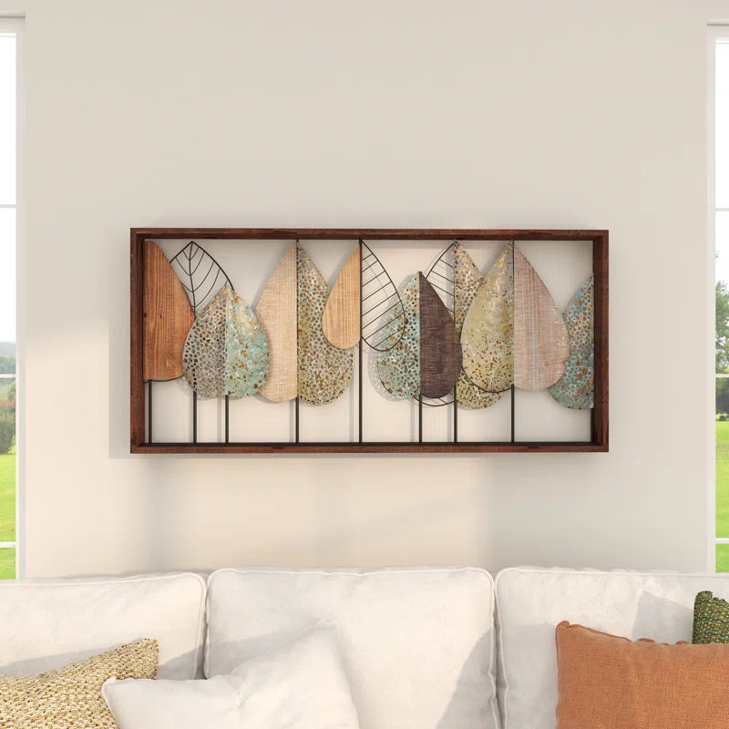 Wood Cutout Leaf Home Wall Decor with Green and Black Metal Wire Accents
