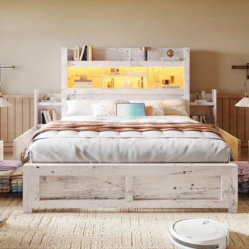 Bed Frame with Bookcase Headboard & 2 Detachable Bedside Stoage Racks & 4 Drawers, Farmhouse Wood Bed Frame with Rgb Led, No Box Spring Needed