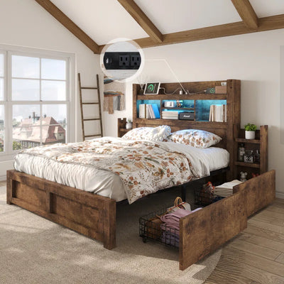Bed Frame with Bookcase Headboard & 2 Detachable Bedside Stoage Racks & 4 Drawers, Farmhouse Wood Bed Frame with Rgb Led, No Box Spring Needed