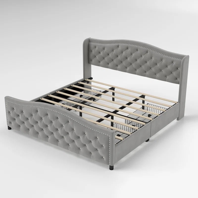Kassaia Velvet Upholstered Metal Nail Trim Platform Bed with Tufted Headboard and 4 Drawers