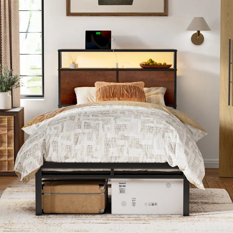 Antioch Bed Frame with LED Light and Charging Station, Metal Frame with Storage Headboard, Large Storage Space, No Spring Box Needed