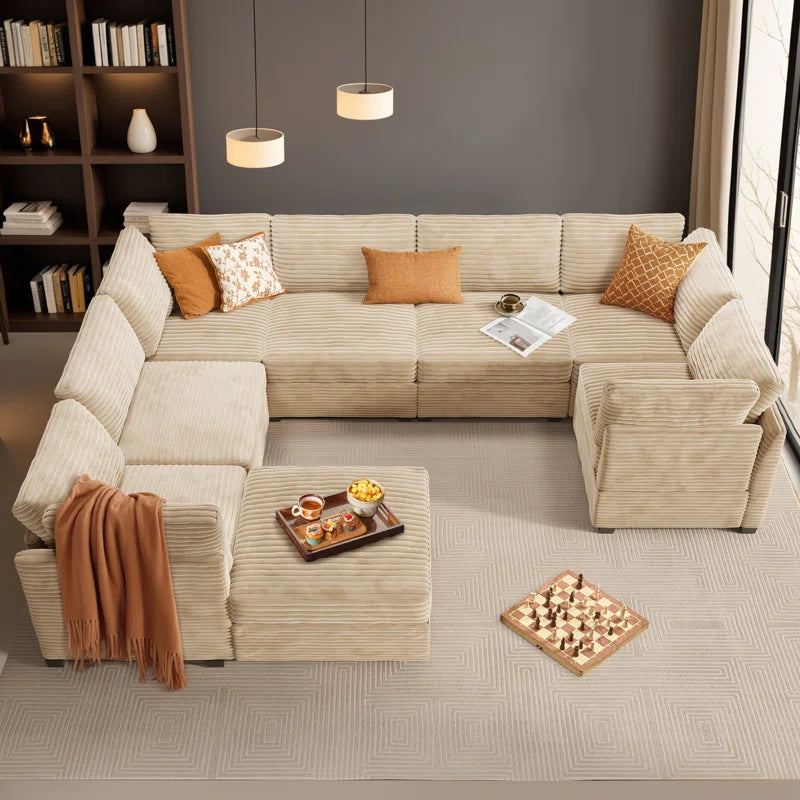 Modular U-Shaped Sectional Plush Corduroy Sofa with Movable Ottoman