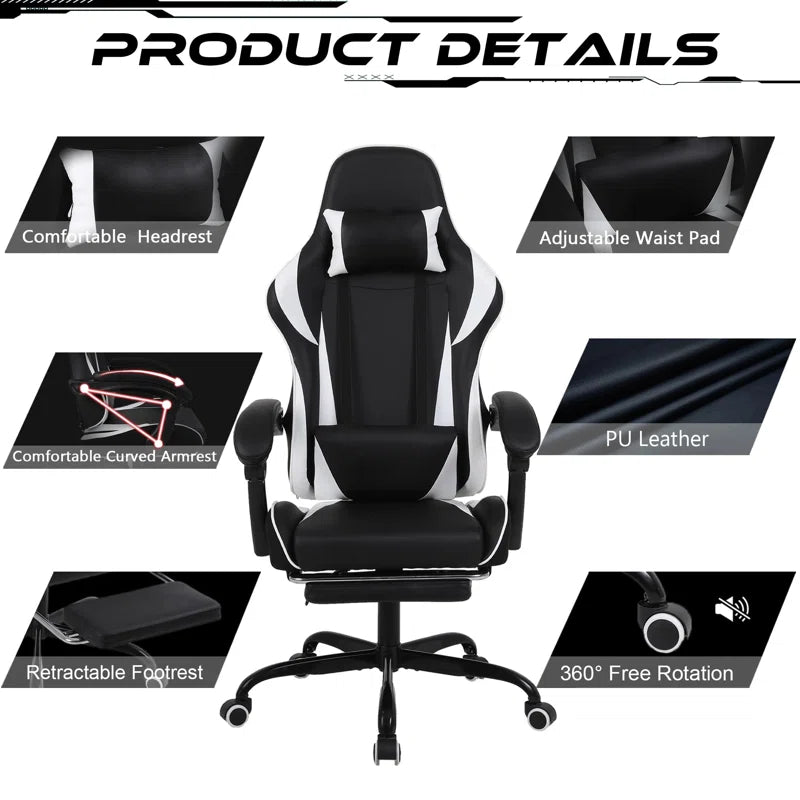 Ergonomic Gaming Chair Faux Leather Reclining Swiveling PC & Racing Massage Video Game Chair with Footrest