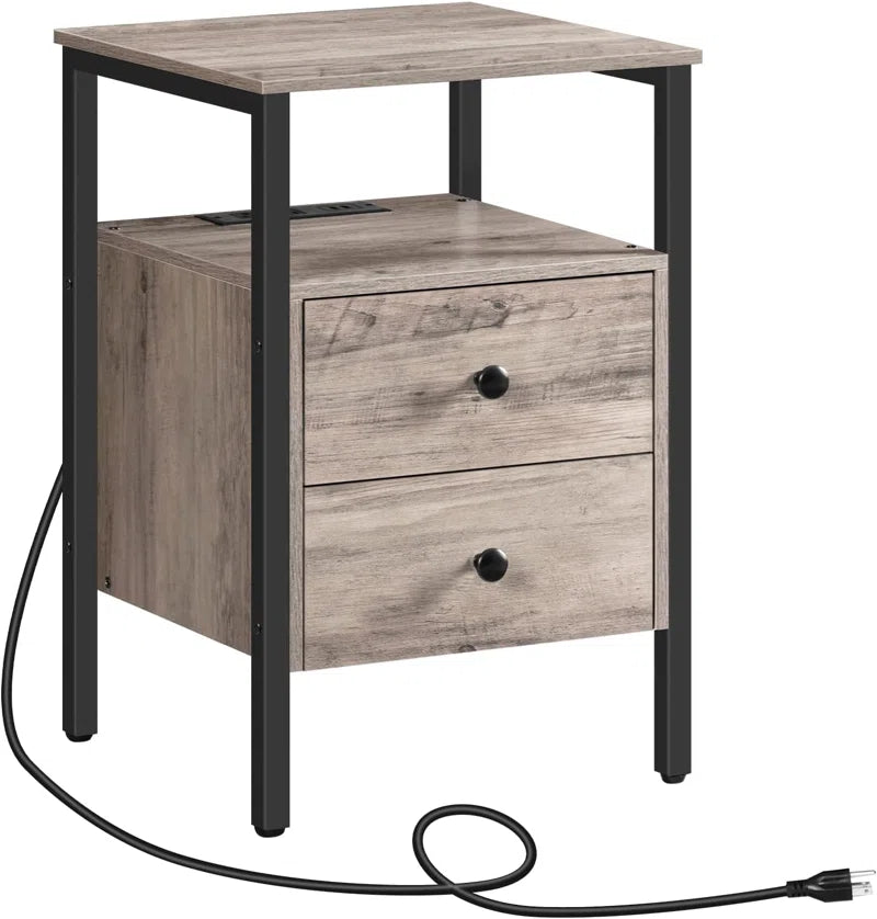 Pake 2 - Drawer 23.6" Tall Iron Nightstand with Storage and Built-In Outlets