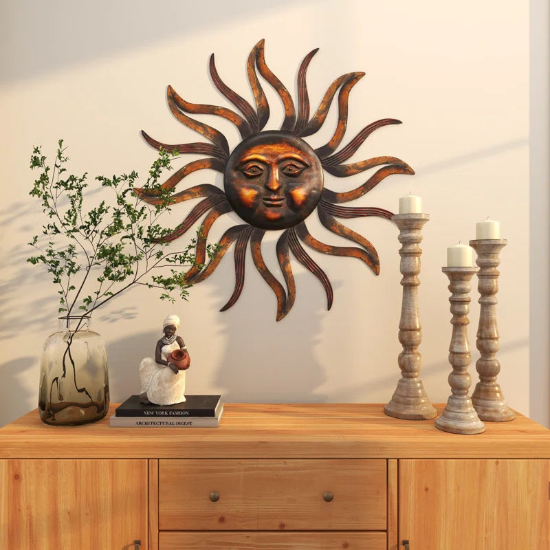 Metal Sun Home Wall Decor with Distressed Copper like Finish
