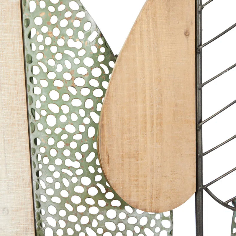 Wood Cutout Leaf Home Wall Decor with Green and Black Metal Wire Accents