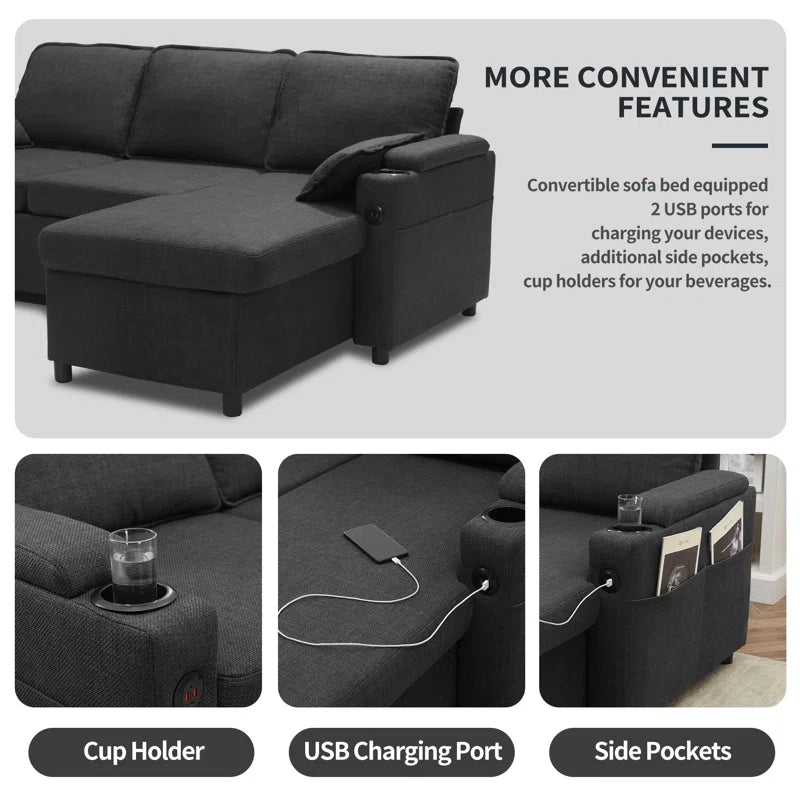 Vesna L-Shape 81" Wide Space-Saving Sleeper Sofa Upholstered Pull-Out Sofa Bed