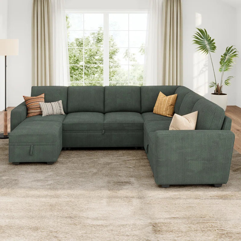 Corduroy Sleeper Sectional U Shaped Modular Sofa Bed with Storage Space