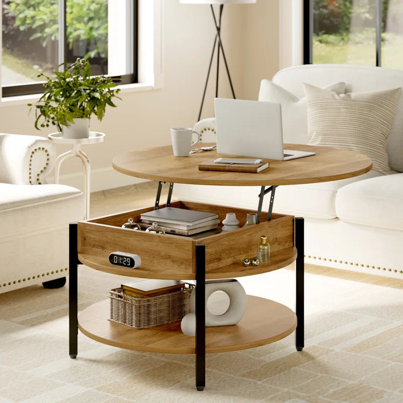 Wynny 27"W round Lift-Top Wood Coffee Table with Storage