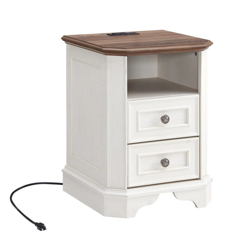 Loiret 2 - Drawers Modern Wood Nightstand with Charging Station,Bed Side Table with Open Storage for Bedroom and Built-In Outlets