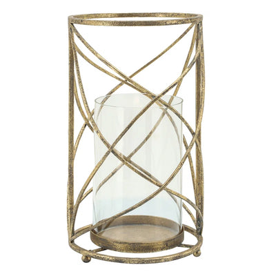 Metal and Glass Pillar Candle Holder with Openwork Geometric Frame - Decorative Accent for Modern and Glam Spaces