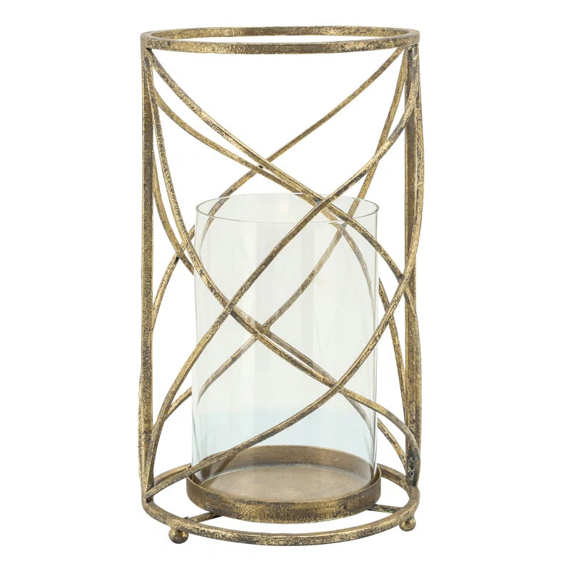 Metal and Glass Pillar Candle Holder with Openwork Geometric Frame - Decorative Accent for Modern and Glam Spaces