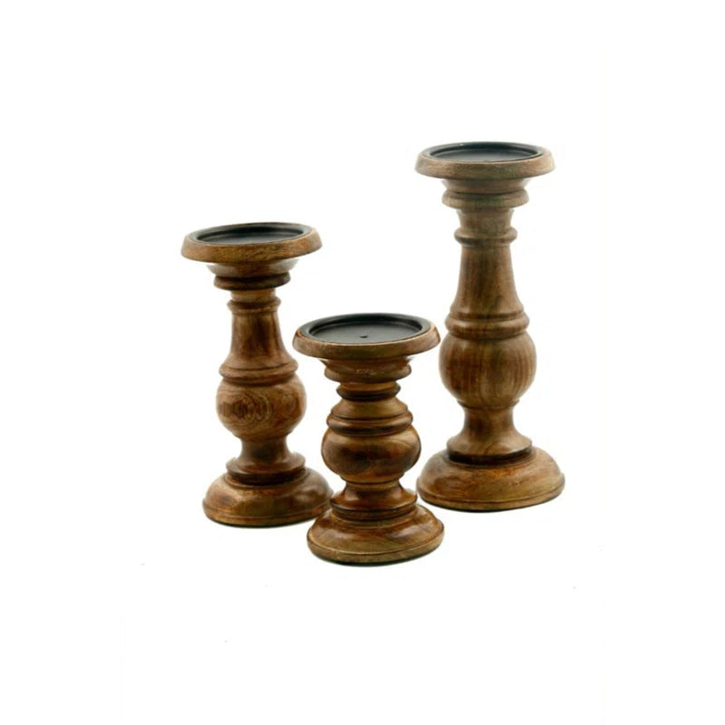 3 Piece Wood Tabletop Candlestick Set