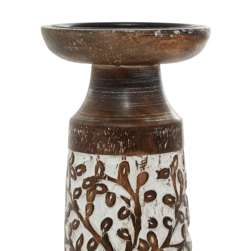 Mango Wood Handmade Minimalistic Bell Shaped Pillar Decorative Brown Candle Holder Set