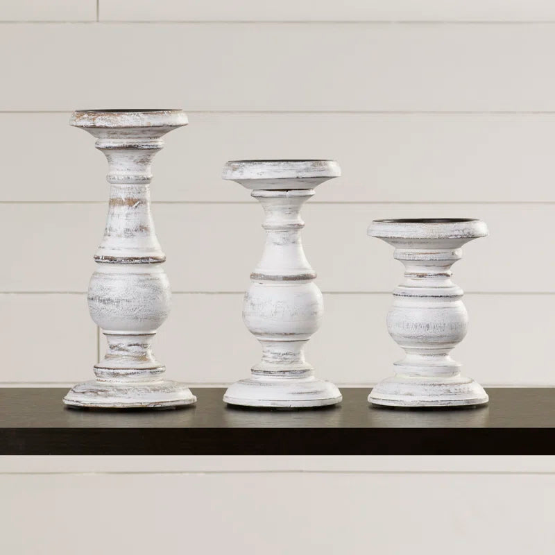 3 Piece Wood Tabletop Candlestick Set
