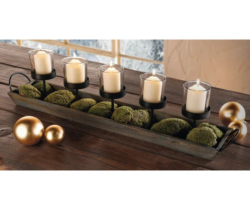 5-Pillar Candelabra Centerpiece with Glass Cups and Rustic Wood Tray