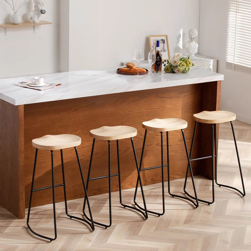 Alazia Solid Wood Backless 26/30" Saddle Seat with Footrest Bar Height Stool Set