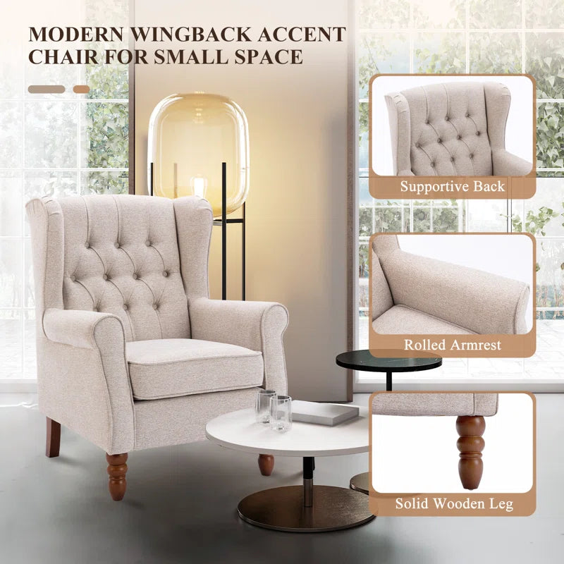 Button-Tufted Small Wingback Accent Chair with Rolled Arm and Thick Padded Cushion