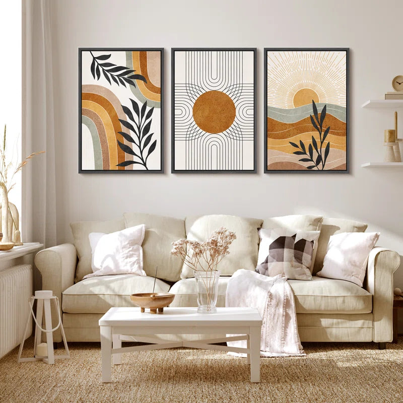 Mid Century Modern Boho Brown Abstract Sun Tropical Plant - Framed 3 Piece Set Canvas Print Picture
