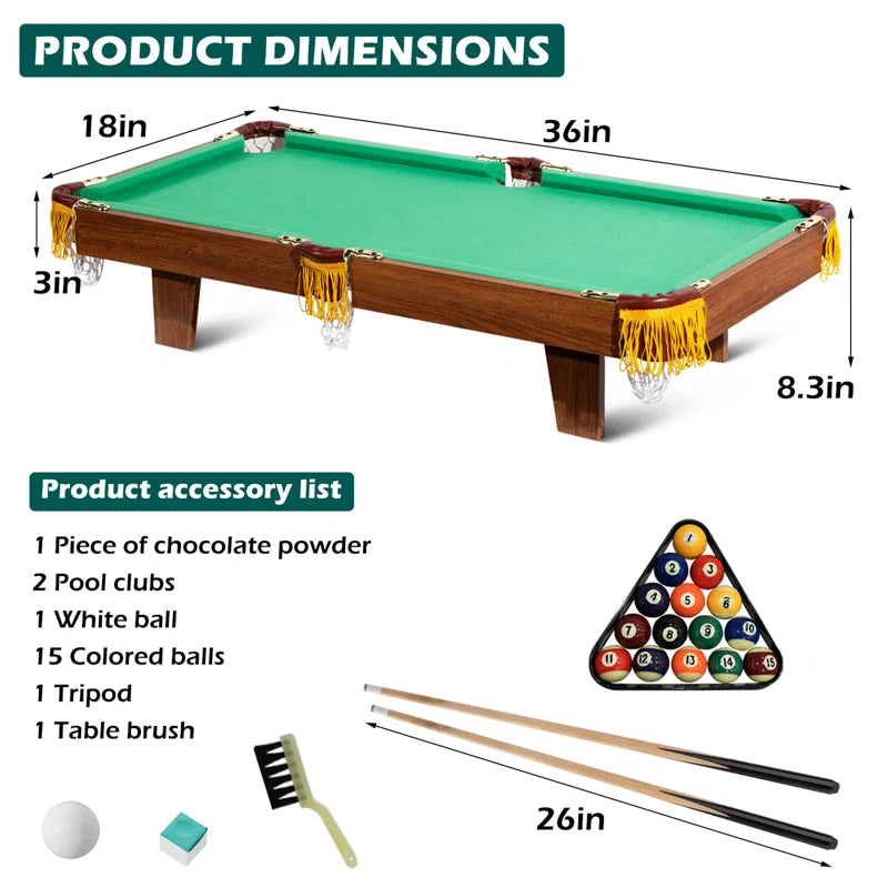 36" Mini Tabletop Pool Set with Balls, Sticks, Chalk, Brush & Triangle
