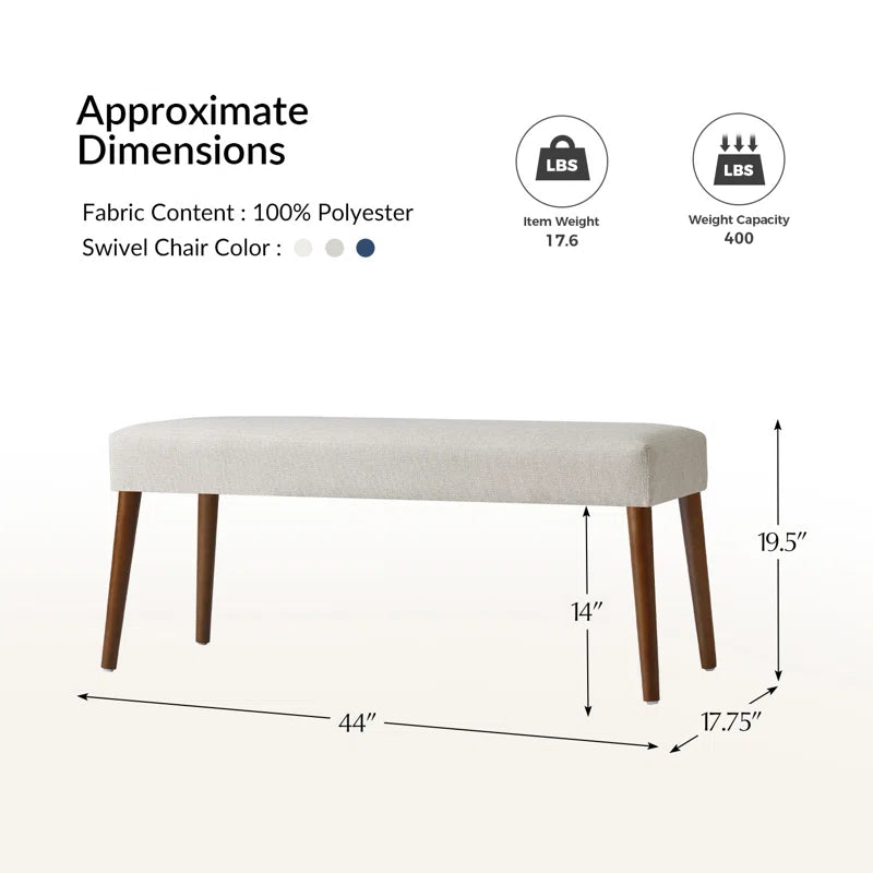 Duplessis 44"W Modern Bench with Solid Wood Legs and Foot Pads