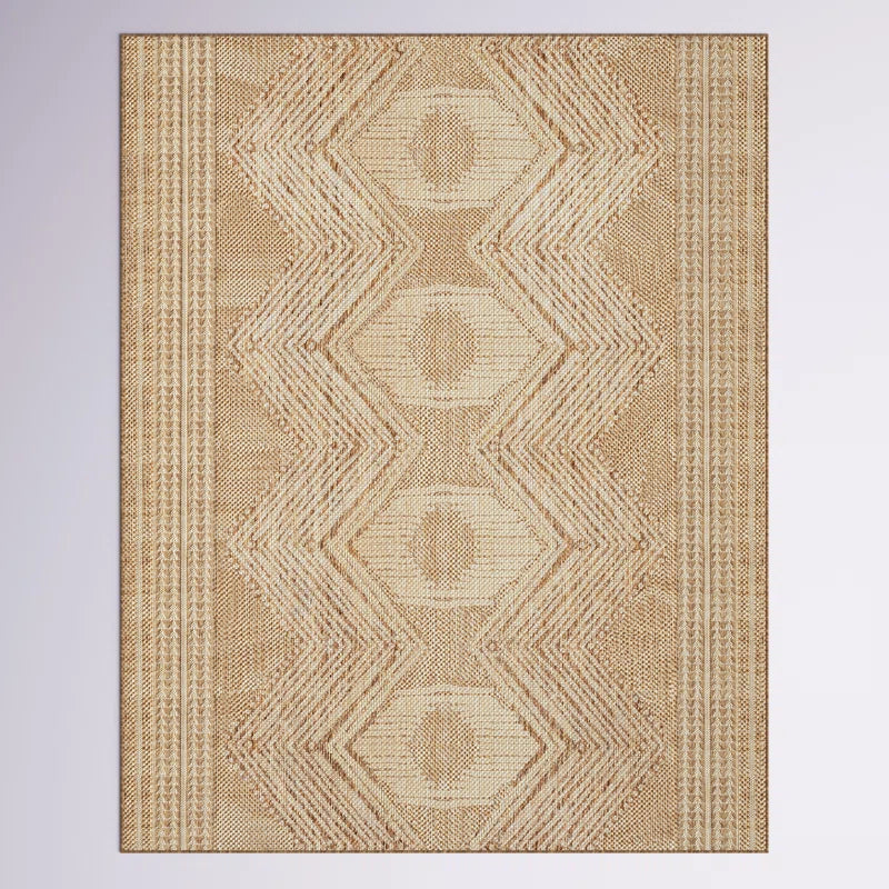 Geometric Indoor/Outdoor Rug for Living Room Patio Deck Front Porch Entryway Hallway Kitchen, Light Brown/Ivory
