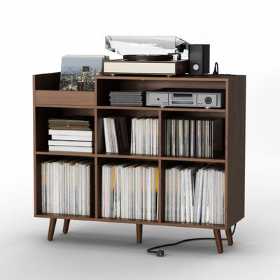 Meher 45'' W Record Player Stand with Charging Station and Media Shelves
