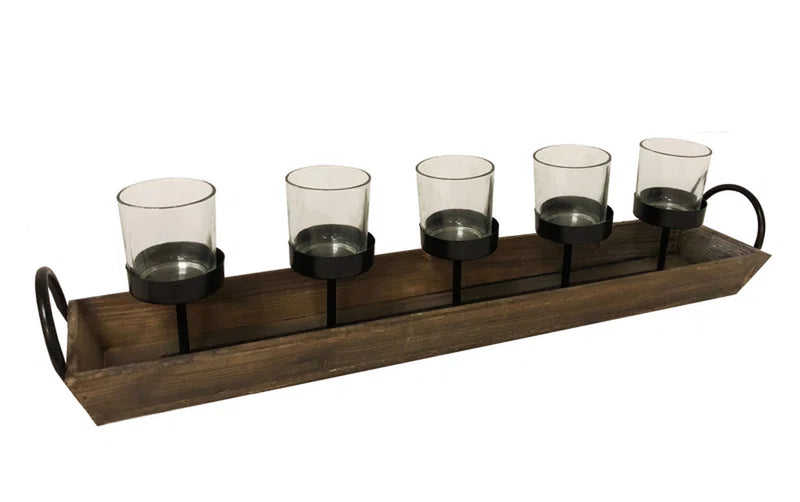 5-Pillar Candelabra Centerpiece with Glass Cups and Rustic Wood Tray