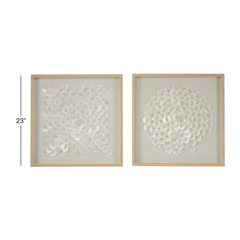 2 Piece Cream Shell Handmade Overlapping Shells Geometric Shadow Box with Canvas Backing Set
