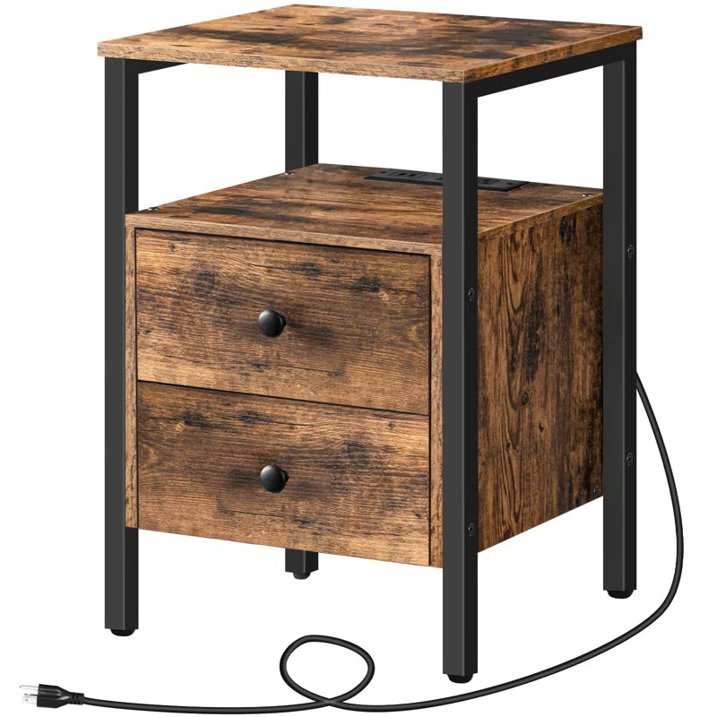 Pake 2 - Drawer 23.6" Tall Iron Nightstand with Storage and Built-In Outlets