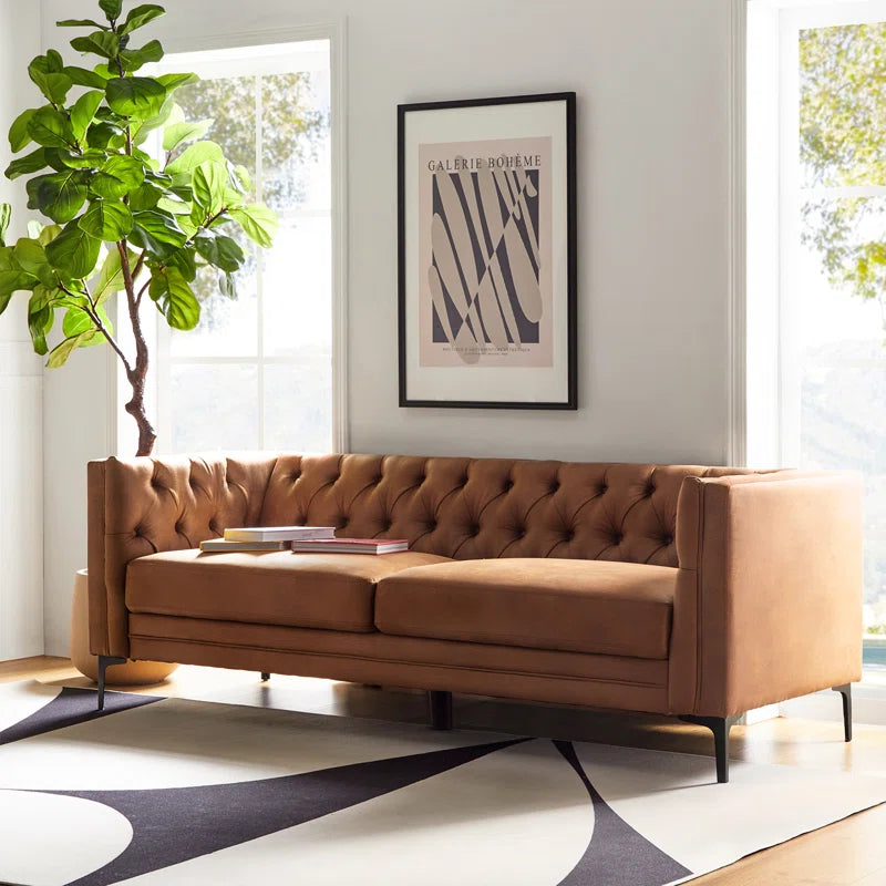 Brinna Contemporary 84" Upholstered Button-Tufted Sofa with Metal Legs