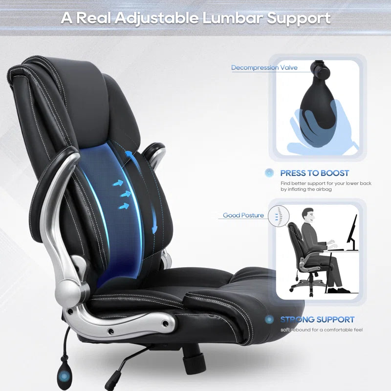 Alira Mid-Back Ergonomic Office Chair - PU Leather Executive Chair with Adjustable Lumbar Support, Flip-Up Armrests & Height Adjustment, Rolling Swivel Chair for Home Office