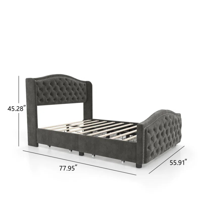 Kassaia Velvet Upholstered Metal Nail Trim Platform Bed with Tufted Headboard and 4 Drawers