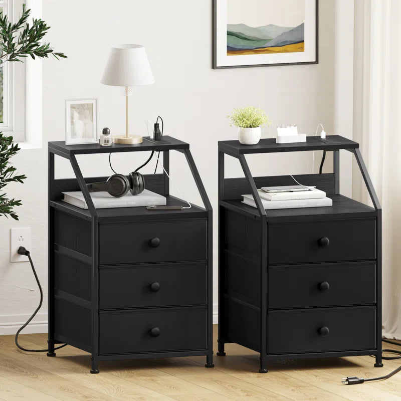Travison Nightstands with 3 Drawers & Outlets, Bedside Tables with 2 USB Ports & 2-Tier Open Shelf