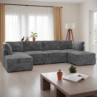 Corduroy Section Sofa Combination, 4 Seats, with Ottoman, Can Be Combined at Will