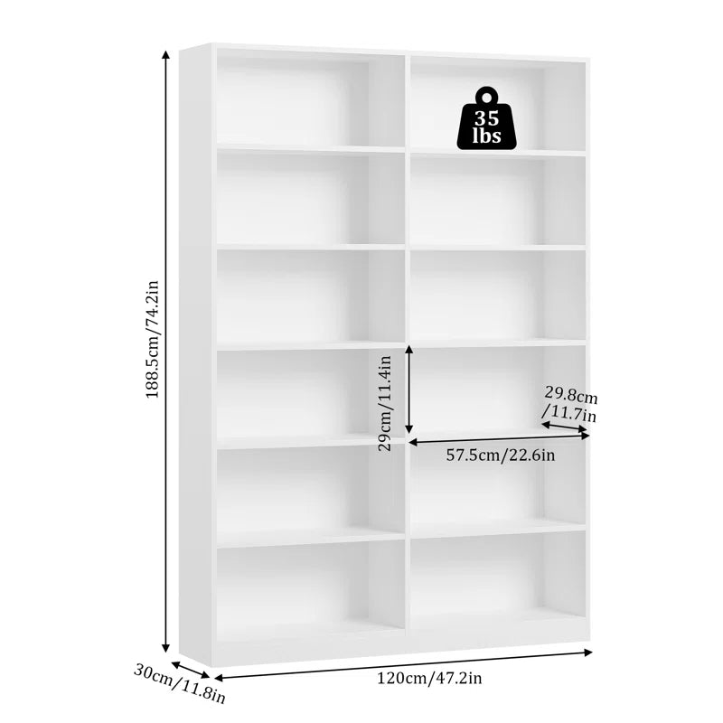 74.3"H X 47.2"W Wood Double 6-Tier Standard Bookcase