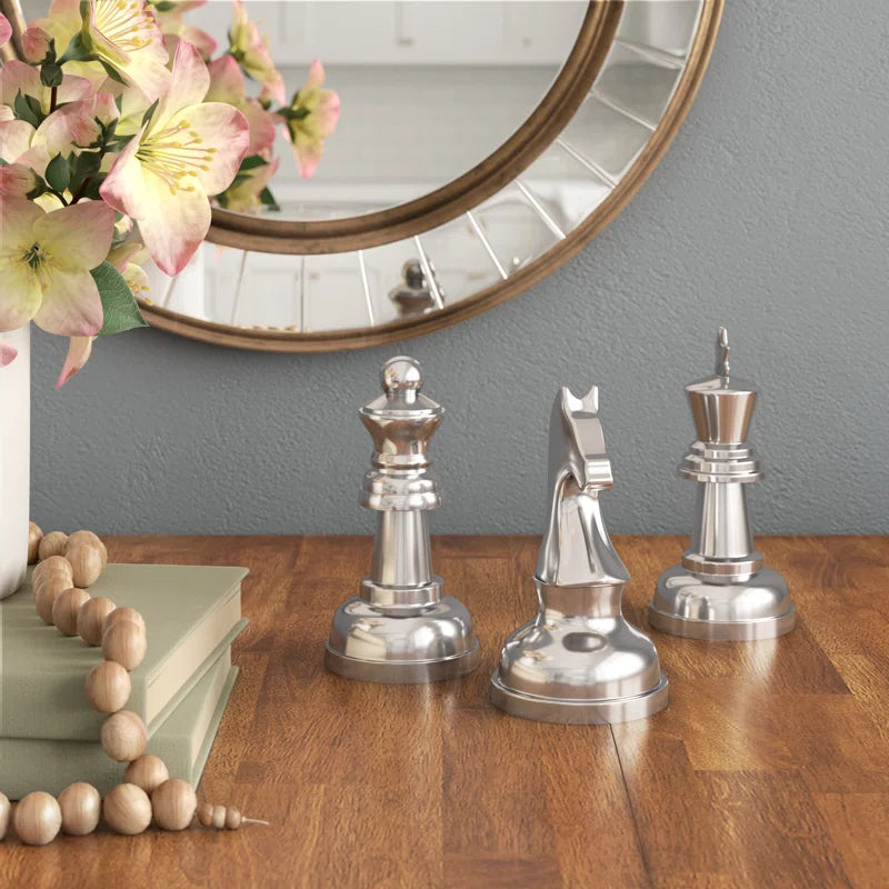 Aluminum Metal Chess Decorative Sculpture with Knight, Queen and King Set