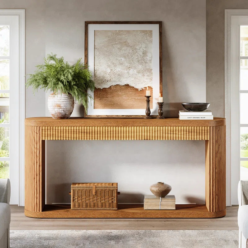 63" Oval Console Table for Entryway, Narrow Wood Entry Desk behind Couch for Entrance, Hallway, Foyer