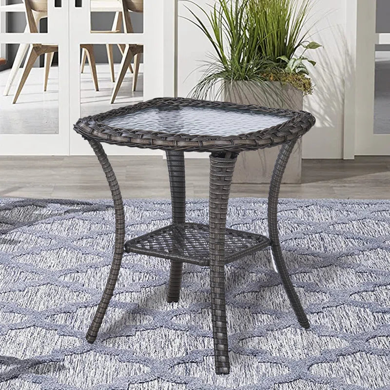 Bonia Wicker Rattan Side Table with Built-In Glass
