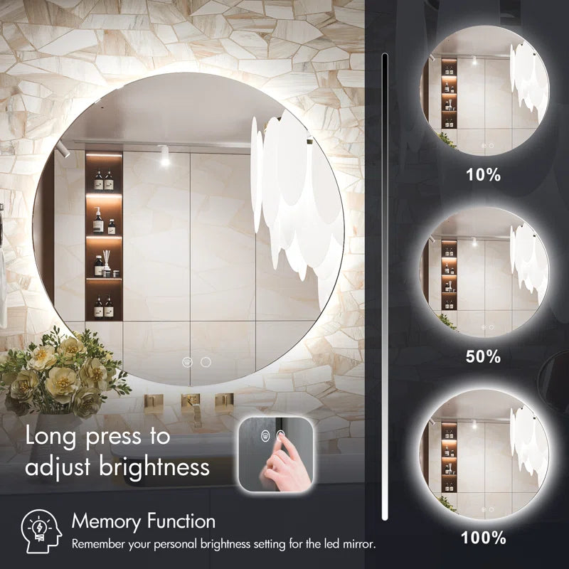 Adorna round Frameless Backlit Mirror, LED Bathroom Vanity Mirror with Dimmable Brightness, Anti-Fog Function, 50000H Lifetime, Shatterproof Film