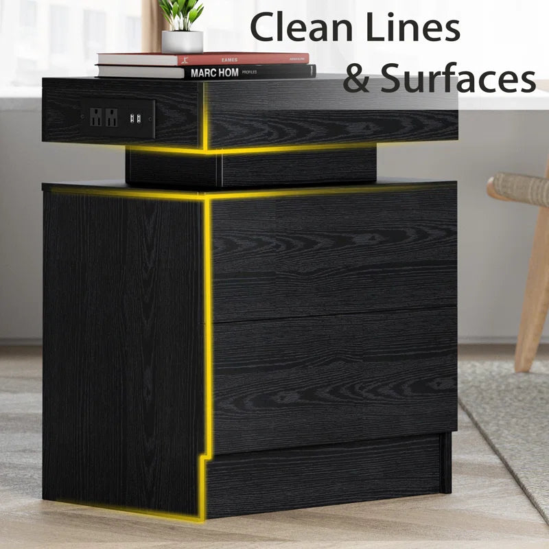 Westerly Modern Style Wooden Nightstand with LED Light and Storage Drawers