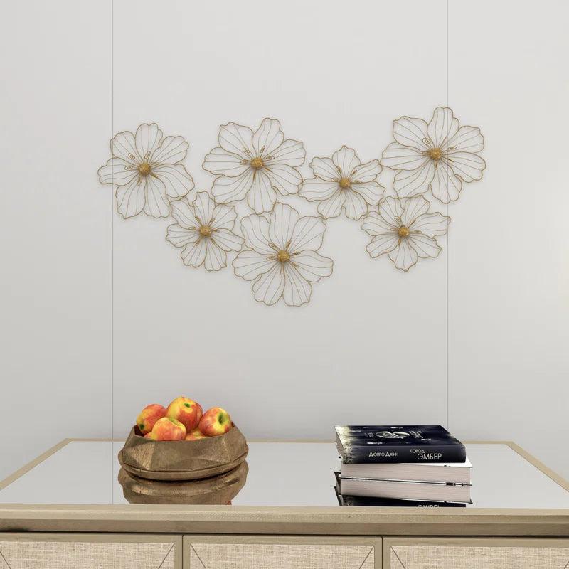 Metal Wire Foiled Floral Home Wall Decor with Scroll Accents
