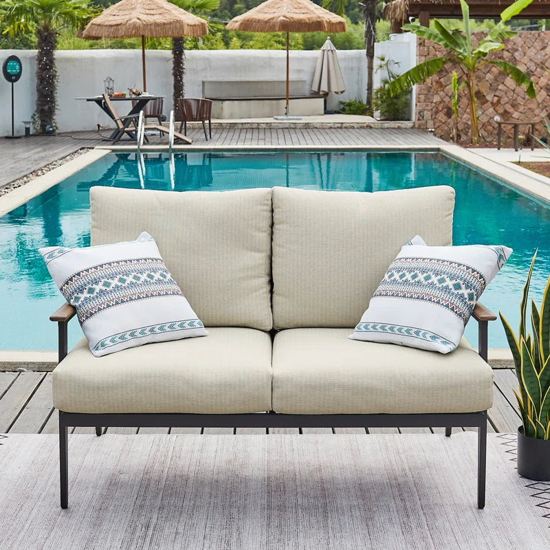 Metal Outdoor&Indoor Person Seating Sofa Patio Loveseat with Wicker Backrest & Cushions