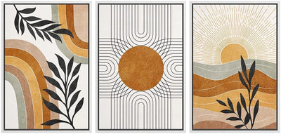 Mid Century Modern Boho Brown Abstract Sun Tropical Plant - Framed 3 Piece Set Canvas Print Picture